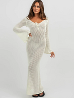 Women s Long  Fit Dress Long Sleeve V Neck Tie Up Knitted Crochet Beach Dresses
