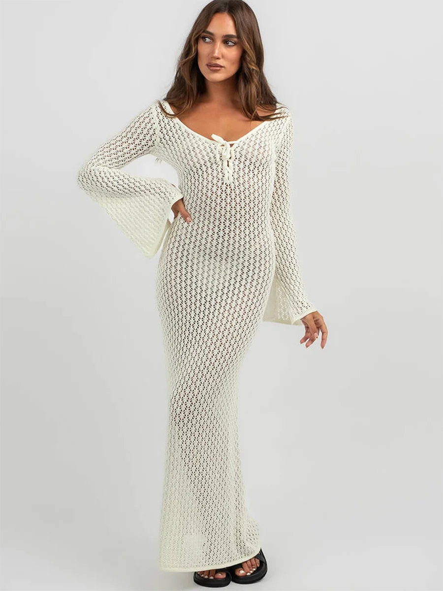 Women s Long  Fit Dress Long Sleeve V Neck Tie Up Knitted Crochet Beach Dresses