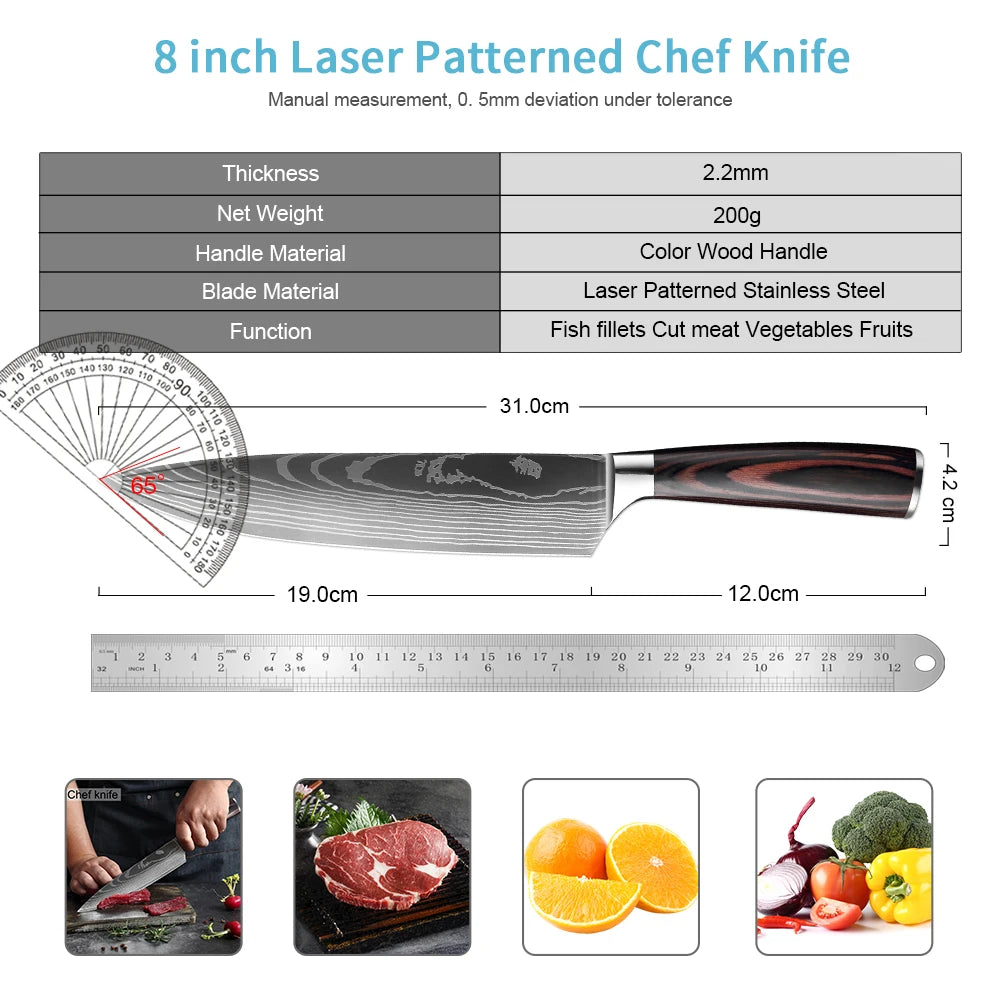 High quality 440C German Steel Kitchen Knife Damascus Laser Pattern Chef Knife Cleaver Filleting Santoku Knife Best Kitchen Tool