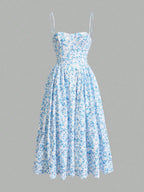 Sweetina Spring And Summer Graduation Yellow Vacation Casual Ditsy Floral Spaghetti Strap Flowy Sundress Dress,Easter