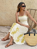 Cream Embroidered Leaf Pattern Spaghetti Strap Midi Dress Summer Casual Beach