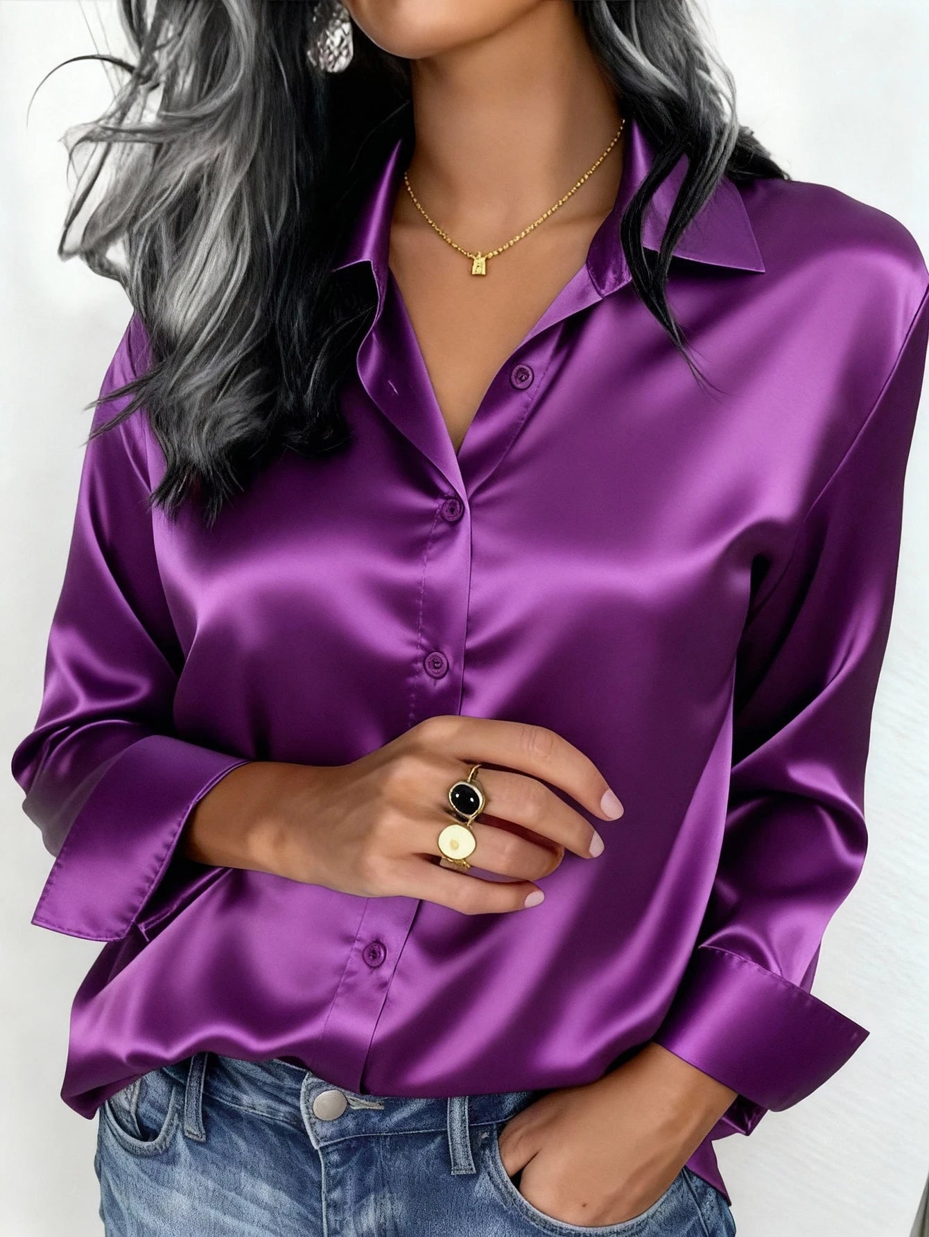 Women's Satin Button-Up Blouse, Elegant Collared Shirt for Office or Casual Wear, Autumn Winter Spring