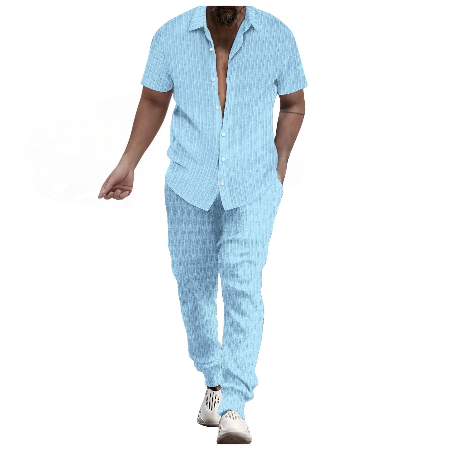 Mens Shirt Casual Short Sleeve Cardigan Blouse Top Pants Beach Suit Summer Two Piece Set Fashion Clothing For Man Ropa Hombre