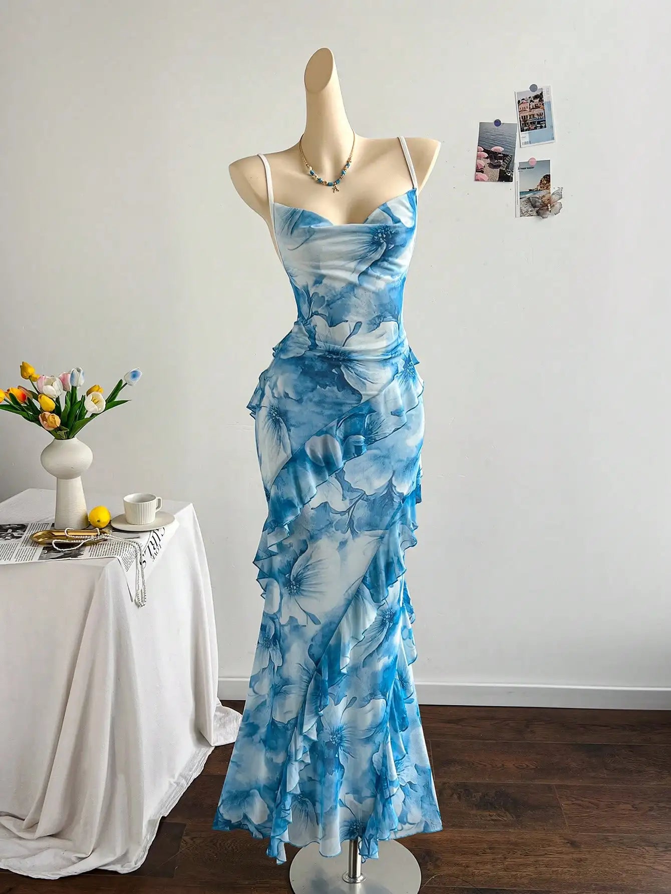 Soleia Women's Colorful Vintage Floral Print Draped Neck Layered Ruffle Hem Maxi Dress, Vacation Style Elegant Dress Women,