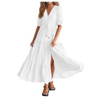 Women Button Drawstring Maxi Dresses Summer Lantern Sleeve Solid Color Boho Long Dresses Sexy A Line Tierred Large Swing Dress