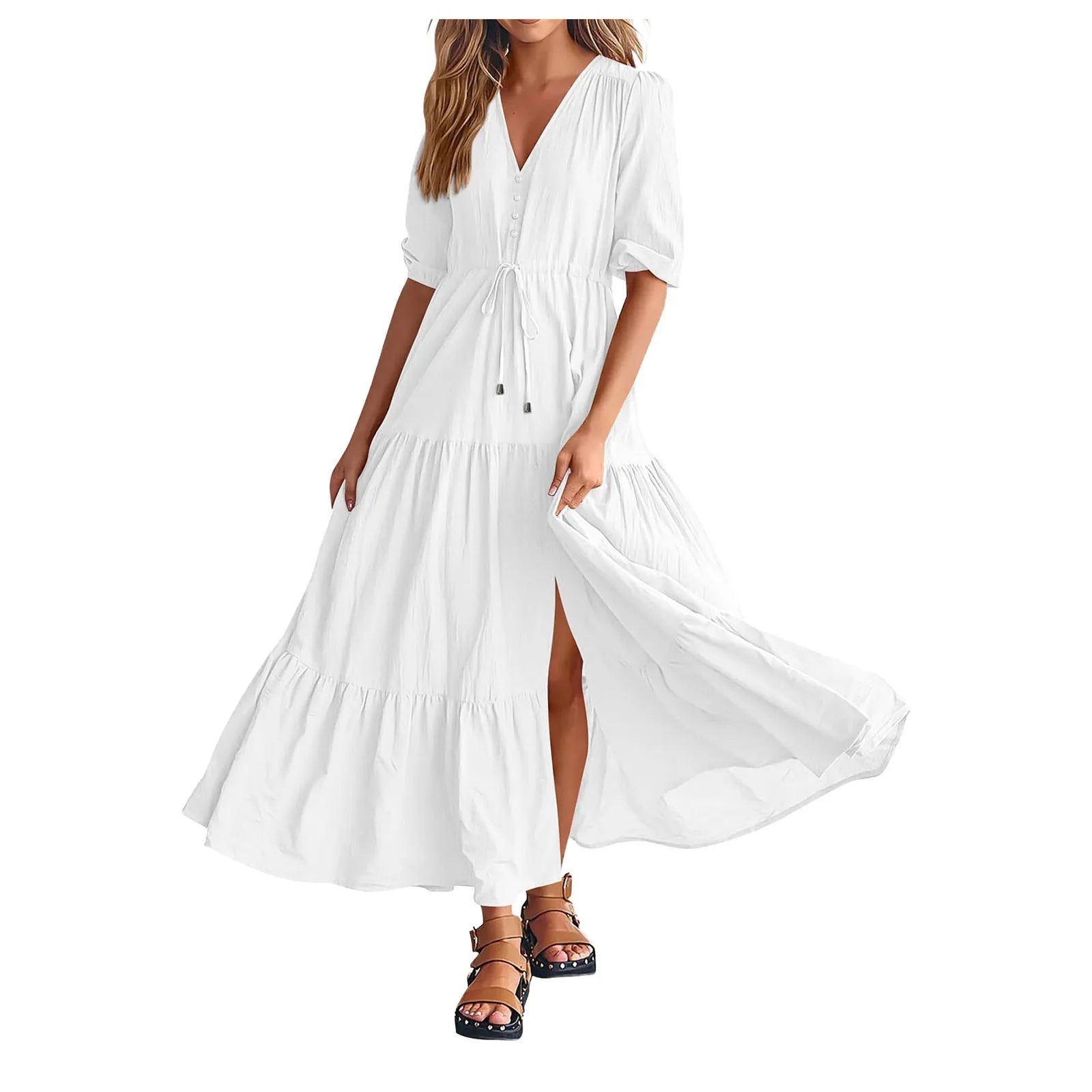 Women Button Drawstring Maxi Dresses Summer Lantern Sleeve Solid Color Boho Long Dresses Sexy A Line Tierred Large Swing Dress