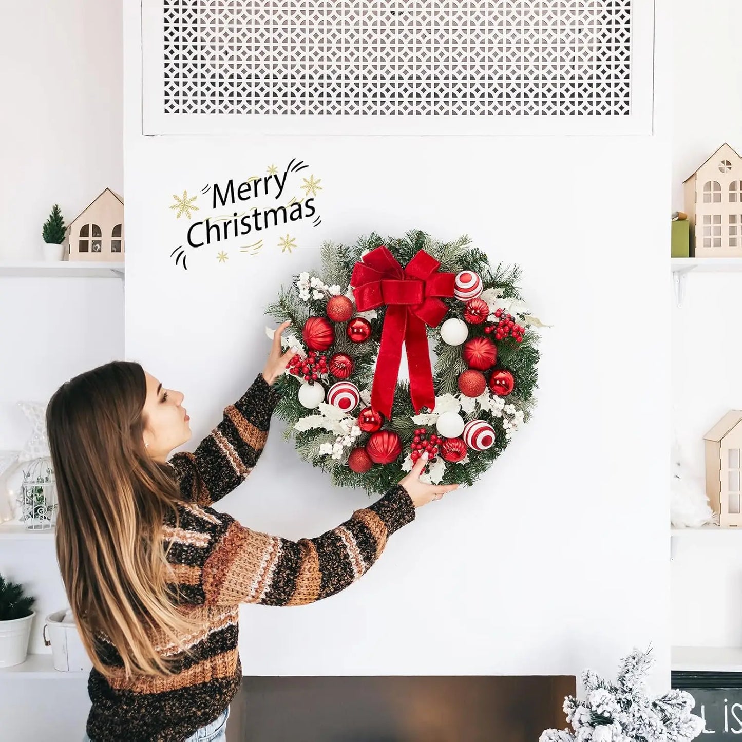 24 In Pre-Lit Christmas Wreath Battery Operated Lighted Xmas Door Wreath With Ball Ornaments For Christmas Door Fireplace Decor