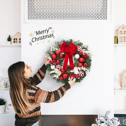 24 In Pre-Lit Christmas Wreath Battery Operated Lighted Xmas Door Wreath With Ball Ornaments For Christmas Door Fireplace Decor