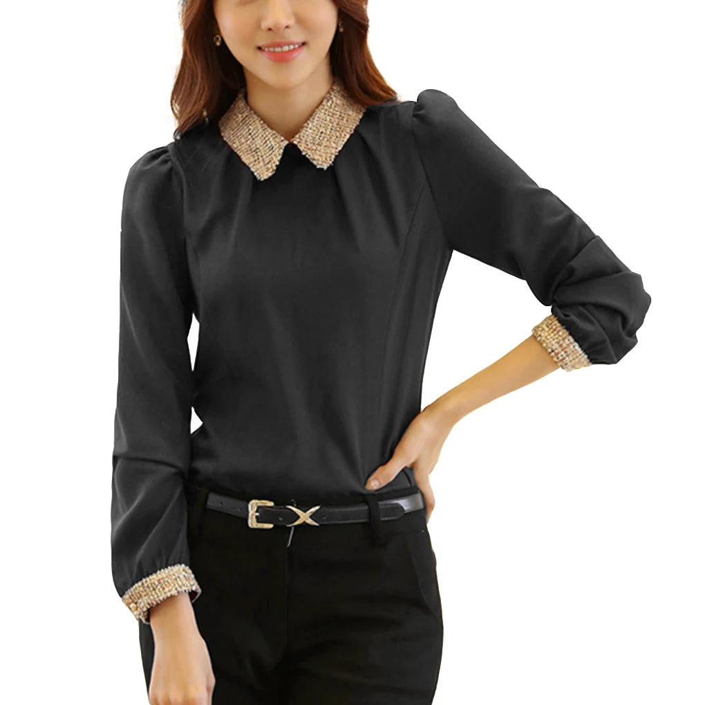 Doll Collar Shirt Chiffon Blouse Slim Fit Long Sleeve OL Shirt Lapel Pullover Shirt Tops Sweatshirt