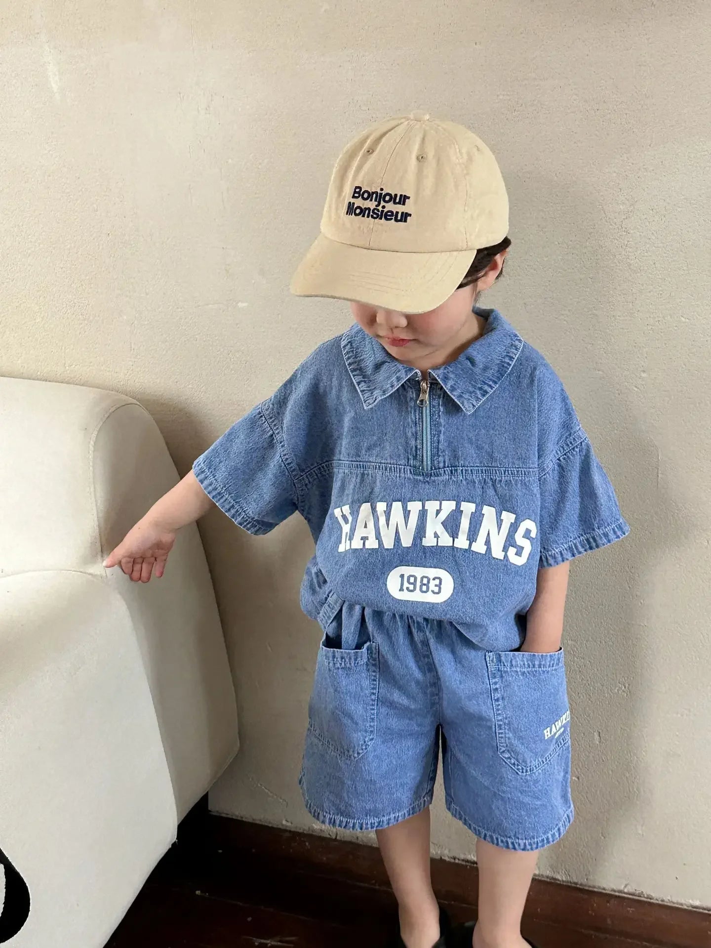 5816C Children's Clothing Set Denim Suit Summer Casual Boy's Denim Suit Letter Print Top+ Shorts Casual Two-piece Suit