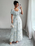 Pink Butterfly Print Chiffon Maxi Dress with Ruched Bodice and Batwing Sleeves for Summer