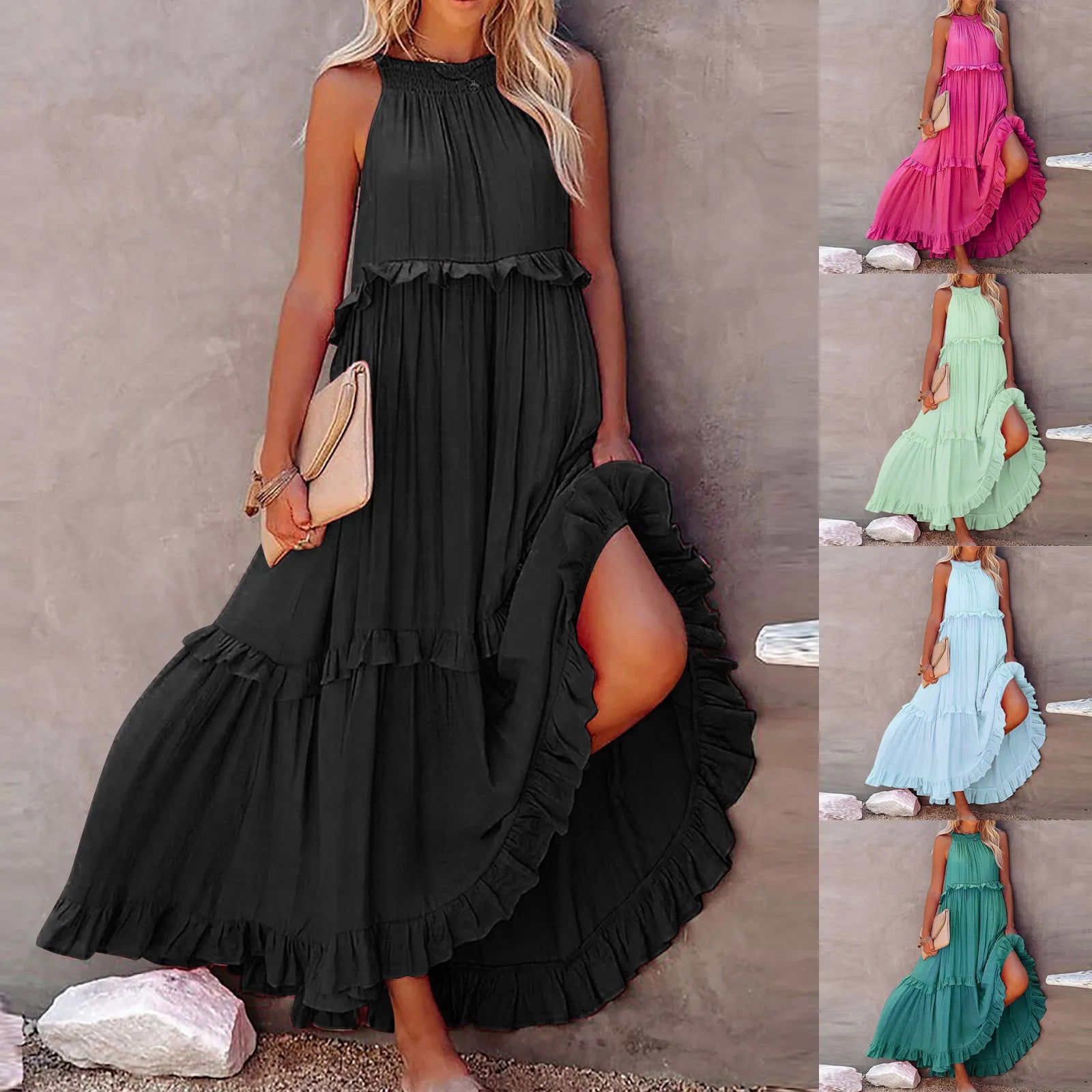 Women Casual Ruffles Long Dress Summer Elegant Sleeveless Sundress Elegant Harajuku Maxi Dress Beach Party Evening Vestidos