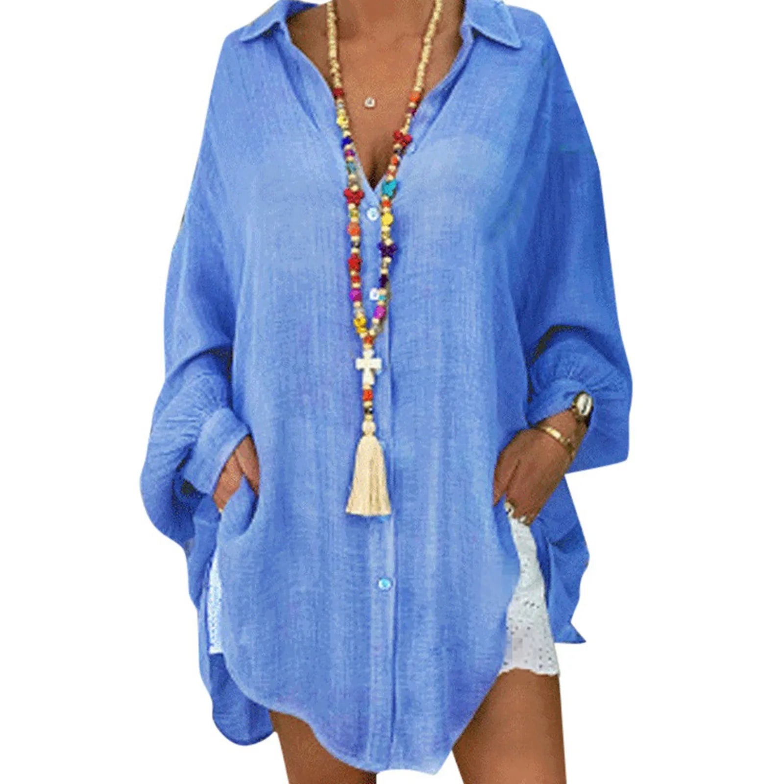 Loose Linen Shirts for Women Solid Color Cotton Linen Bohomian Style Long Sleeve Loose Casual Blouse Lapel Neck Large Size Shirt