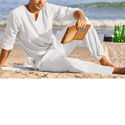Men s Summer Cotton Linen Clothes Solid Color Long Sleeve Henley Shirt Elastic Waist Drawstring Pants 2 Pieces Loungewear Set