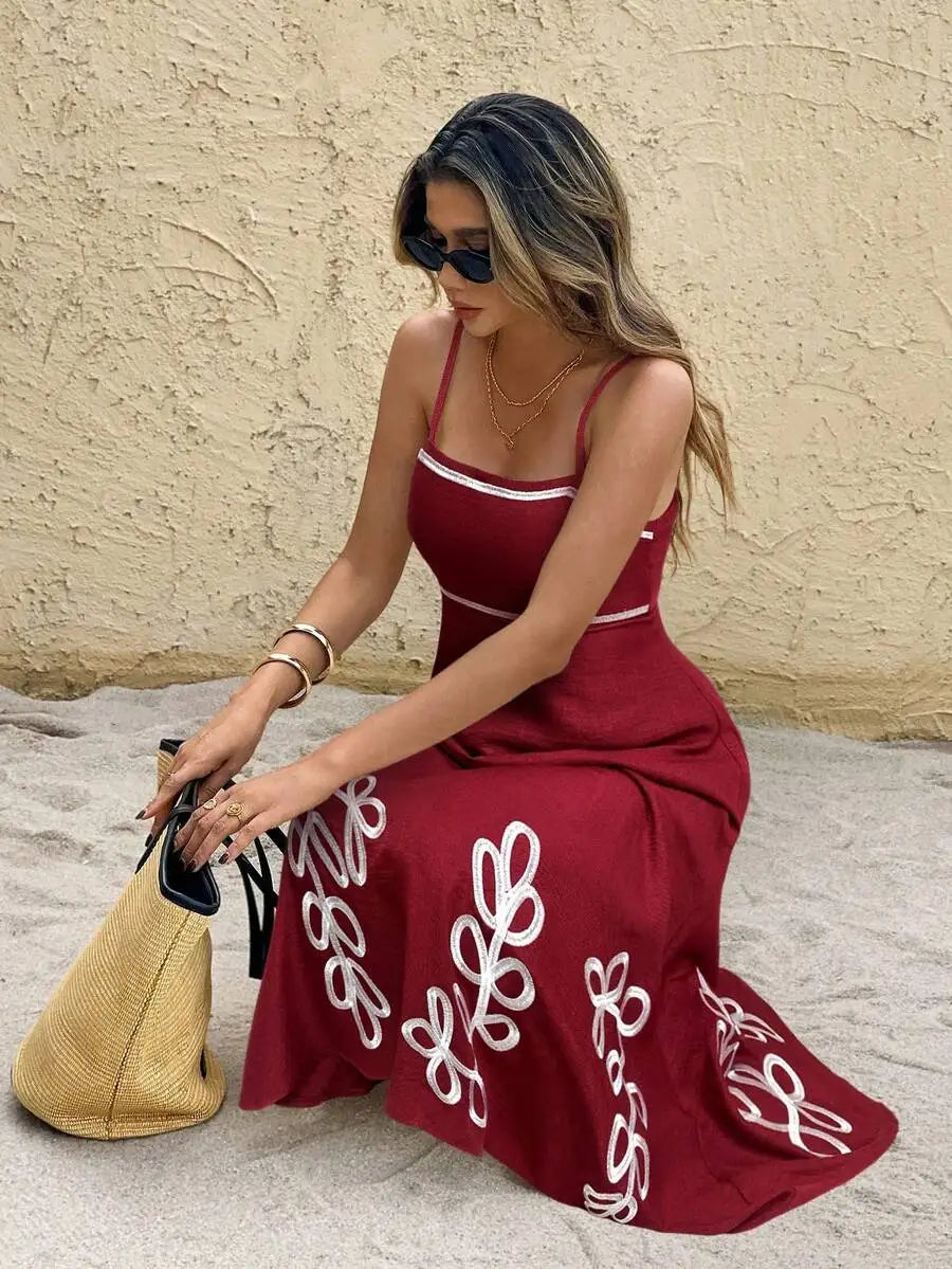 Cream Embroidered Leaf Pattern Spaghetti Strap Midi Dress Summer Casual Beach