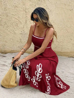 Cream Embroidered Leaf Pattern Spaghetti Strap Midi Dress Summer Casual Beach