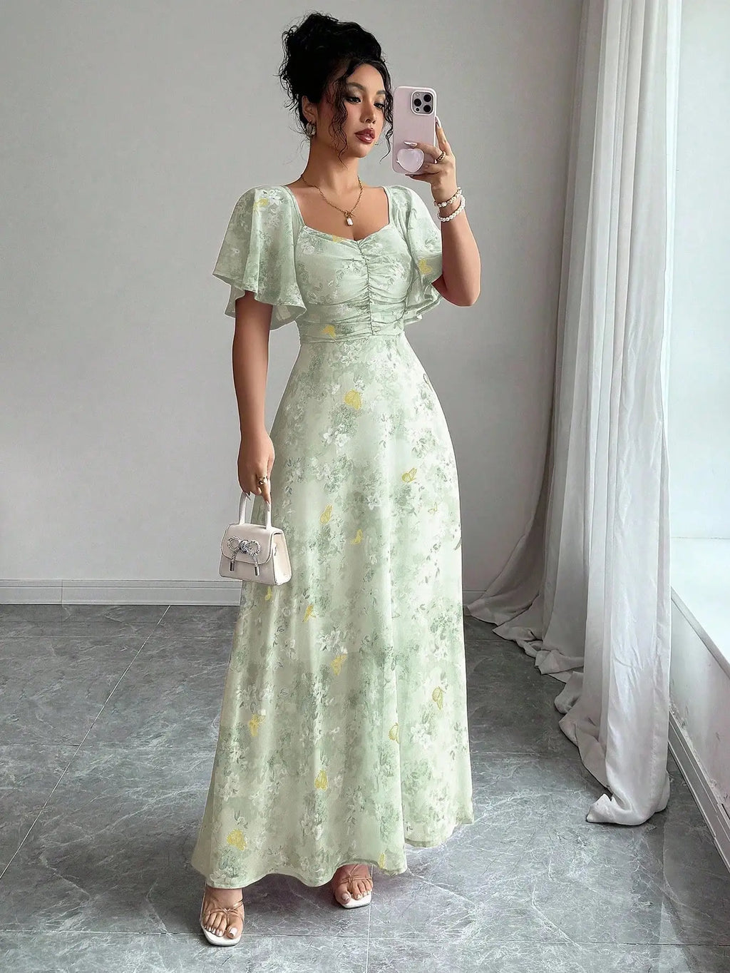 Pink Butterfly Print Chiffon Maxi Dress with Ruched Bodice and Batwing Sleeves for Summer