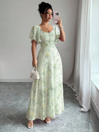 Pink Butterfly Print Chiffon Maxi Dress with Ruched Bodice and Batwing Sleeves for Summer