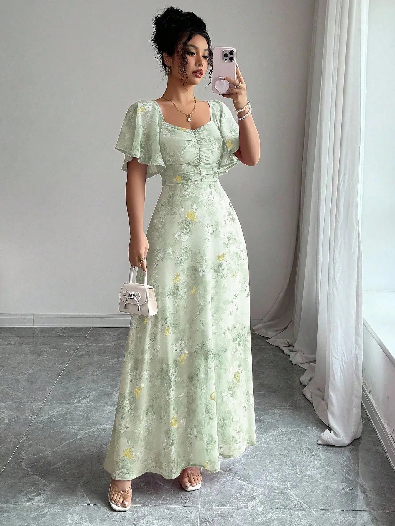 Pink Butterfly Print Chiffon Maxi Dress with Ruched Bodice and Batwing Sleeves for Summer