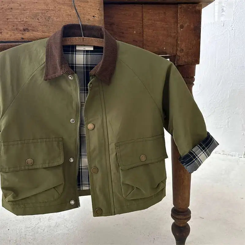 2025  Spring Autumn Kids Boys Jacket Plaid Spliced Pocket Long Sleeve Toddler Boys Outerwears Coat Children Boys Jacket