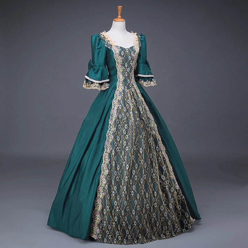 18th Century Medieval Dress Women High Waist Half Sleeve Ball Gown Princess Lace Patchwork Satin Dress Queen Renaissance Costume