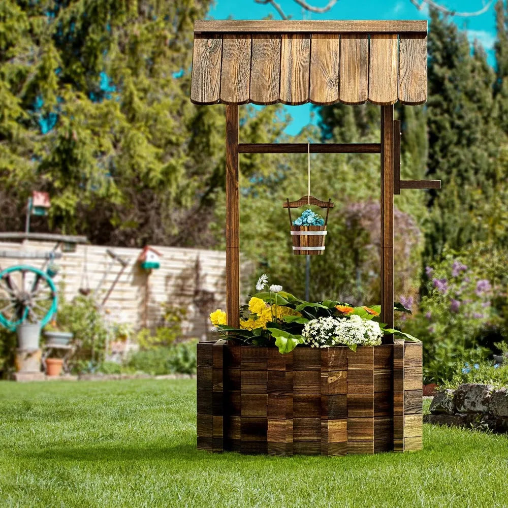 Aoxun Outdoor Wooden Wishing Well Planters with Hanging Bucket, Garden Helper, Rustic Garden Decor for Outside, Yard and Patio,
