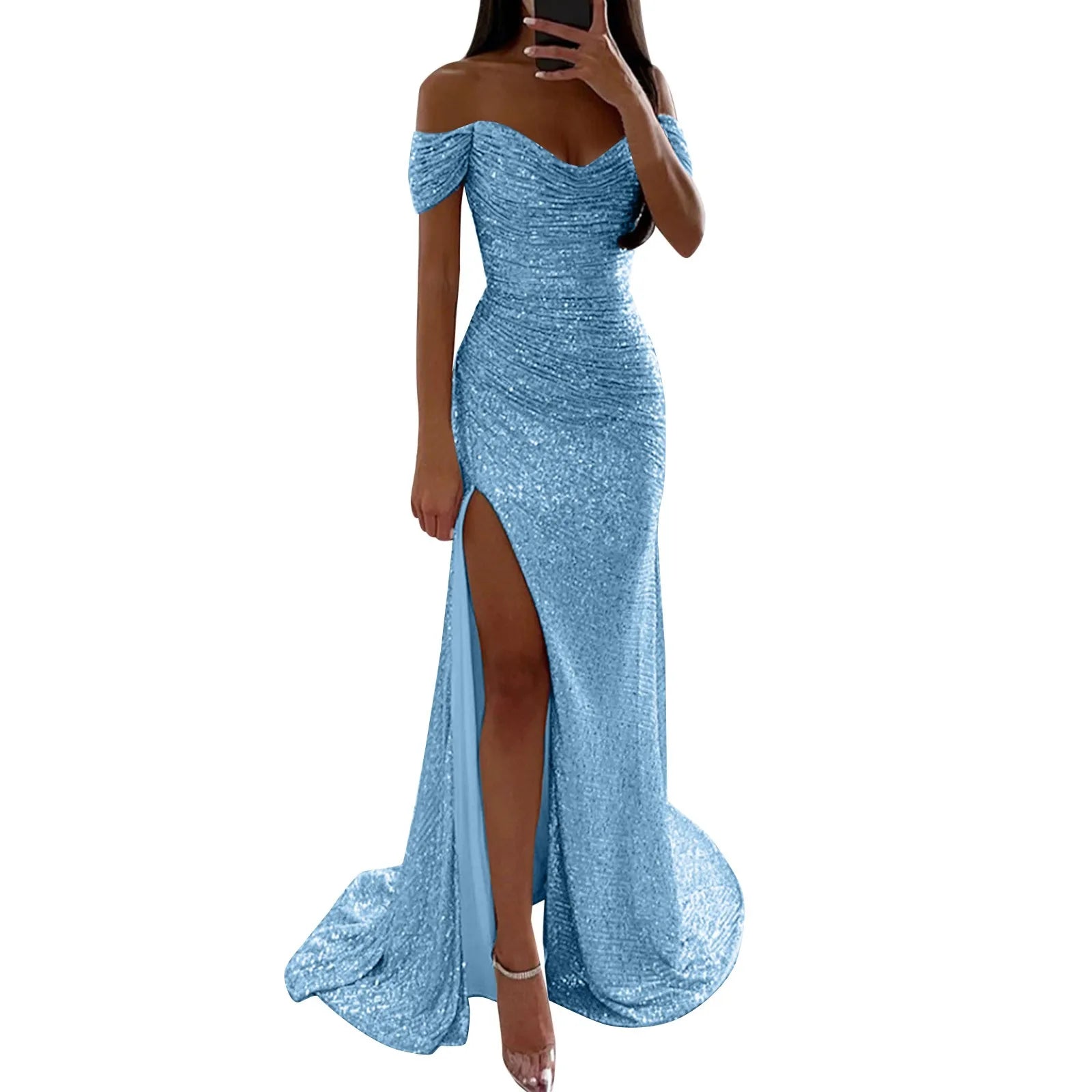Women's Off Shoulder Prom Dresses Sexy Sequins Sleeveless Solid Floor Length Dress Elegant Bridesmaid Evening Dress Prom Gowns