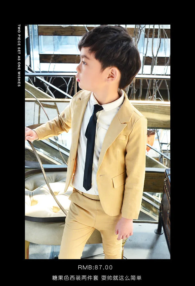 Little Boys Solid Suit Jacket Trousers Kids Formal Dress Spring Tuxedos Clothes Sets Child Cool Blazer Pants Baby Toddler Suits