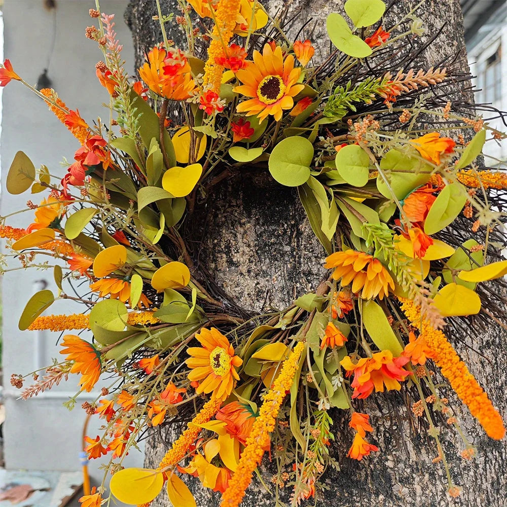 17.7" Fall Wreath for Front Door Orange Farmhouse Harvest Sunflower Wreath with Daisy Flowers Thanksgiving Wreath for Front Door