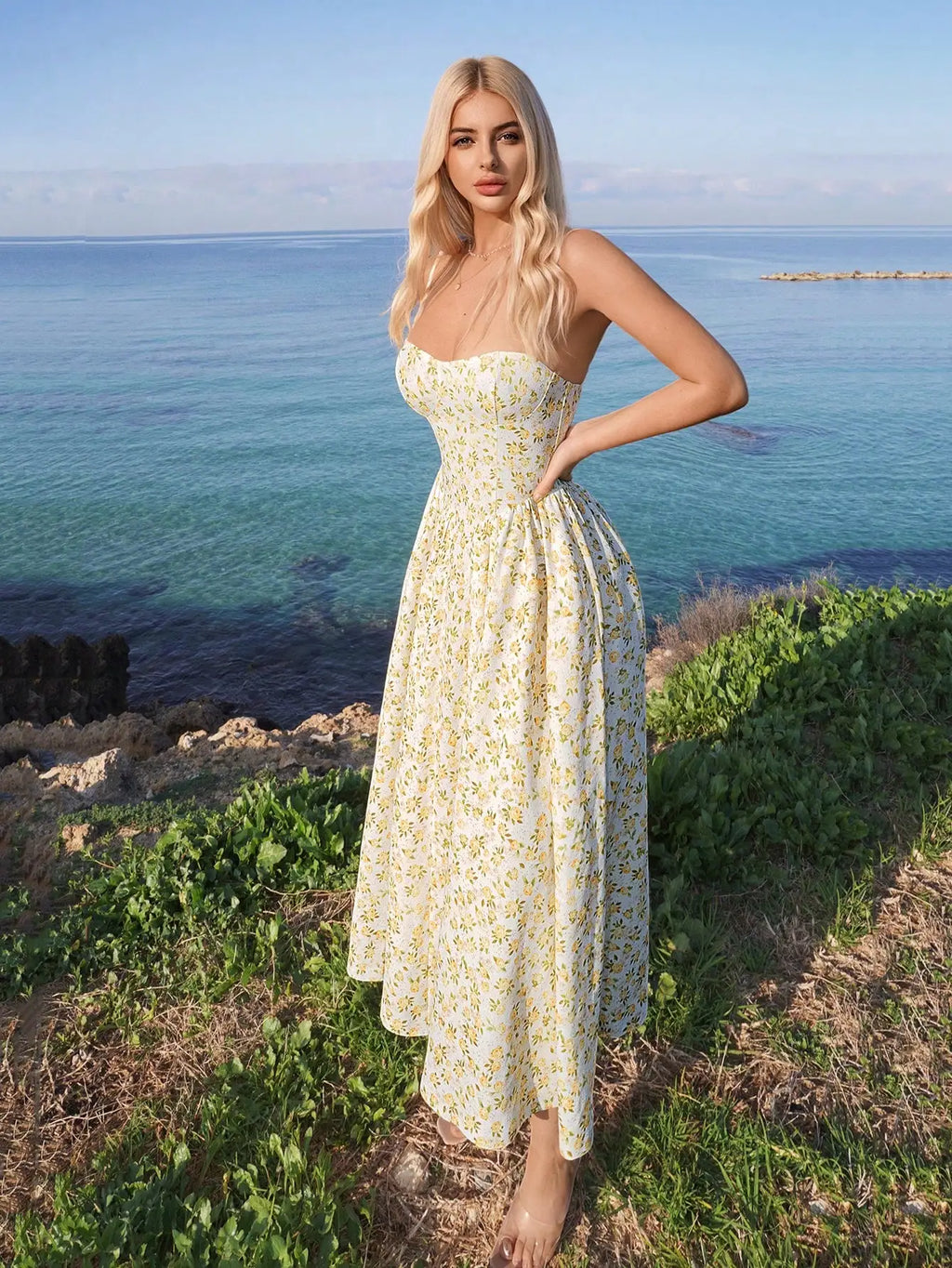 Sweetina Spring And Summer Graduation Yellow Vacation Casual Ditsy Floral Spaghetti Strap Flowy Sundress Dress,Easter