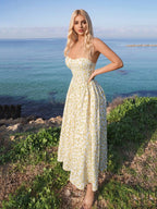 Sweetina Spring And Summer Graduation Yellow Vacation Casual Ditsy Floral Spaghetti Strap Flowy Sundress Dress,Easter