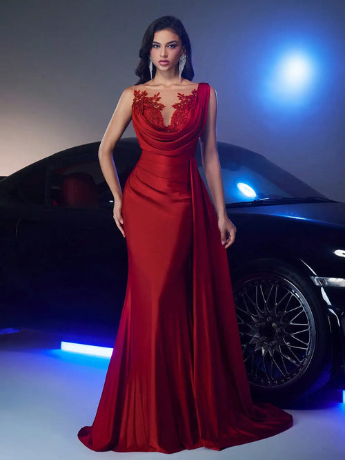 Burgundy Red Evening Dress with Floral Lace Applique and Draped Asymmetrical Hem