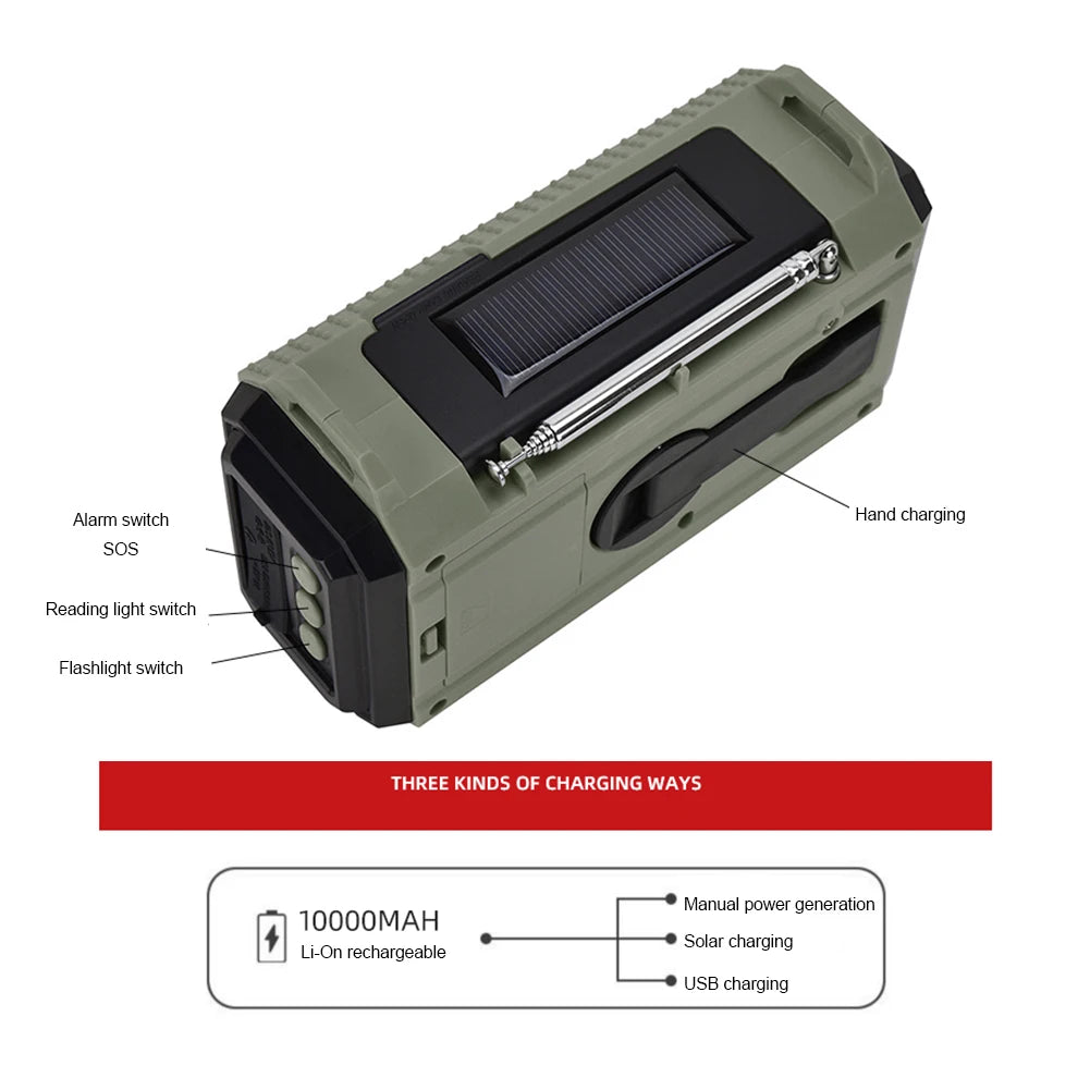 Small Rechargeable Portable Radio Solar Powered Emergency Power Bank survival with LED Flashlight USBC Charging Hand Crank Radio