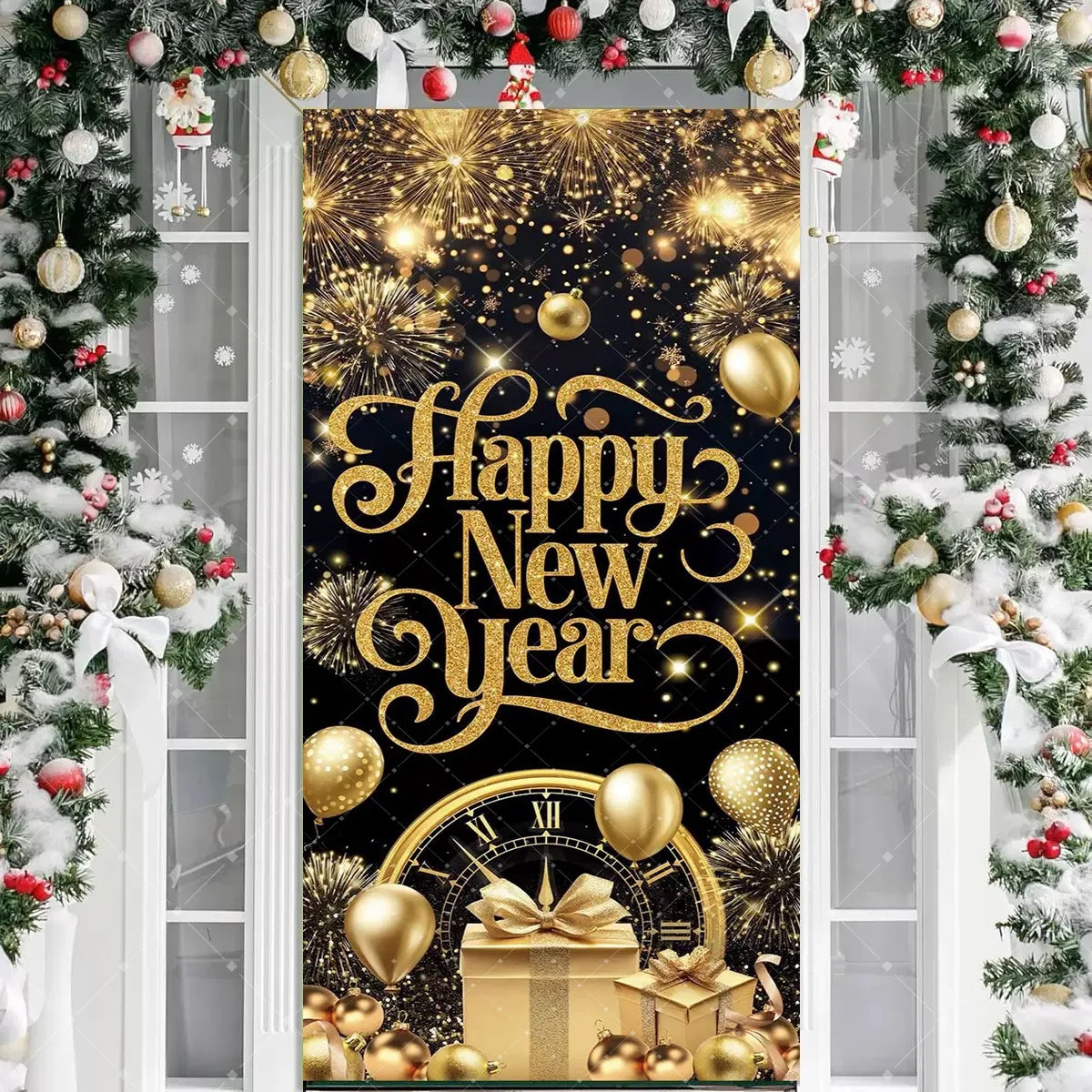 Black Gold 2026 Happy New Year Theme Party Door Decor Backdrop New Year Clock Gift Champagne Party Cake Table Porch Decor Banner