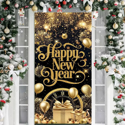 Black Gold 2026 Happy New Year Theme Party Door Decor Backdrop New Year Clock Gift Champagne Party Cake Table Porch Decor Banner