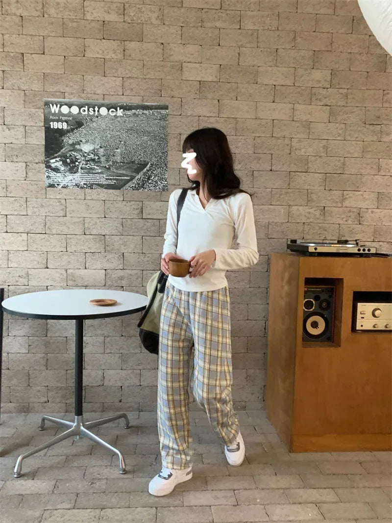 2025 Fashion Warm Plush Pants Cashmere Thick Plaid Ladies Winter Casual Loose Wide-legged Pants Korean Streetwear Students