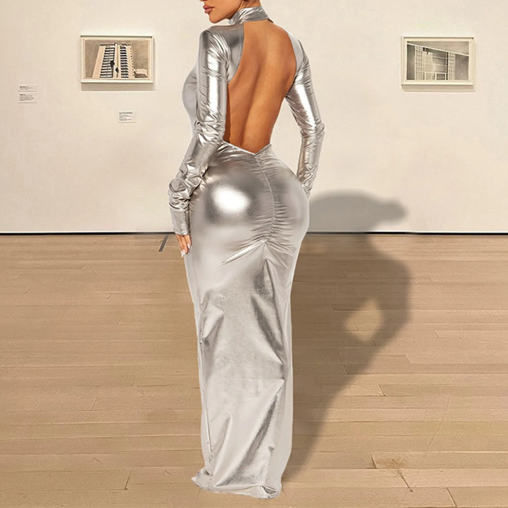 Bodycon Dress For Women Sexy Hollow Out Backless Long Sleeve Elegant Bodycon Luxury Party Club Gold Shiny Maxi Dresses