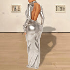 Bodycon Dress For Women Sexy Hollow Out Backless Long Sleeve Elegant Bodycon Luxury Party Club Gold Shiny Maxi Dresses
