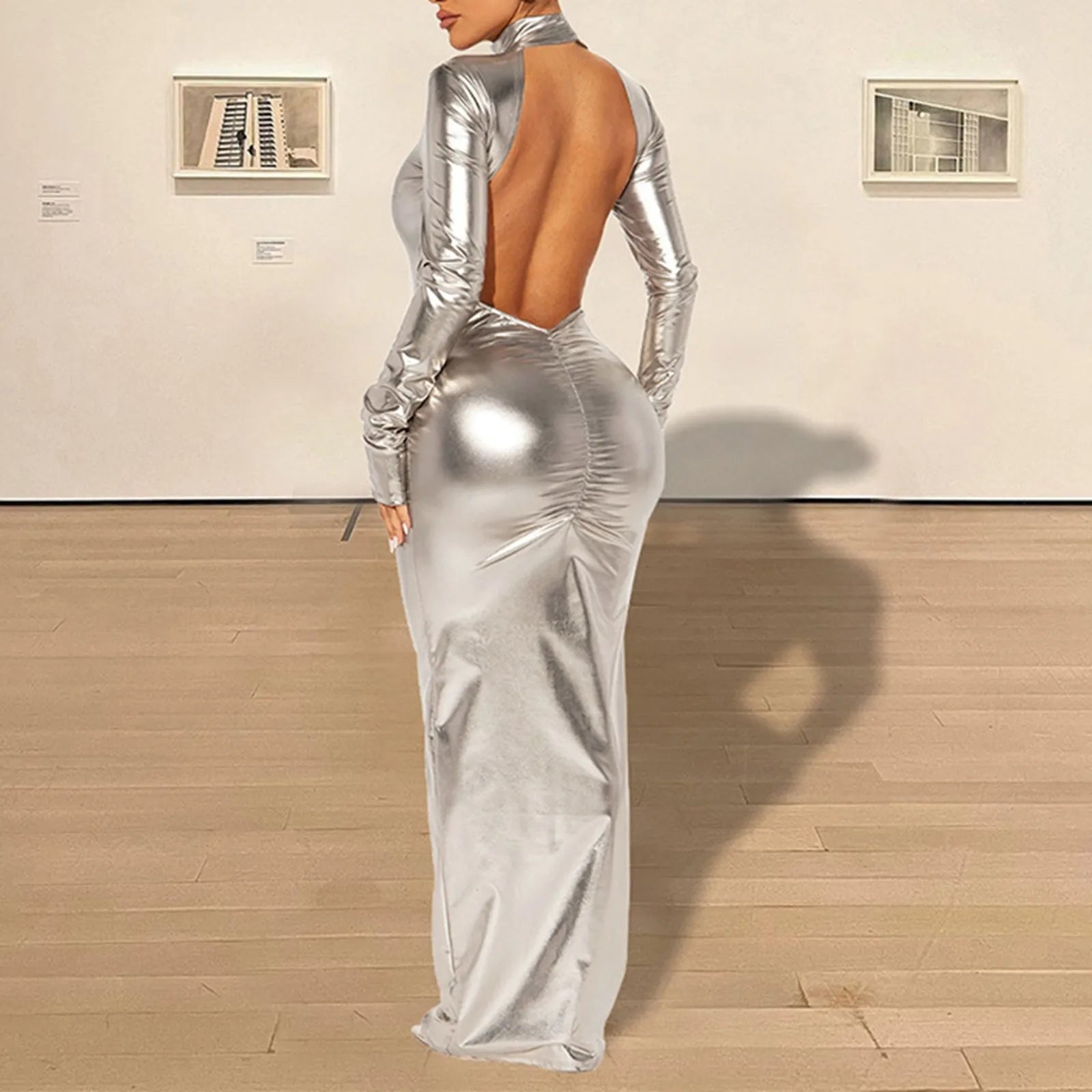 Bodycon Dress For Women Sexy Hollow Out Backless Long Sleeve Elegant Bodycon Luxury Party Club Gold Shiny Maxi Dresses