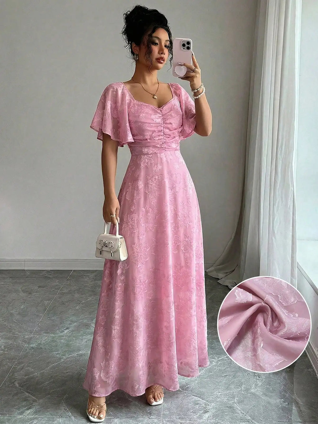 Pink Butterfly Print Chiffon Maxi Dress with Ruched Bodice and Batwing Sleeves for Summer