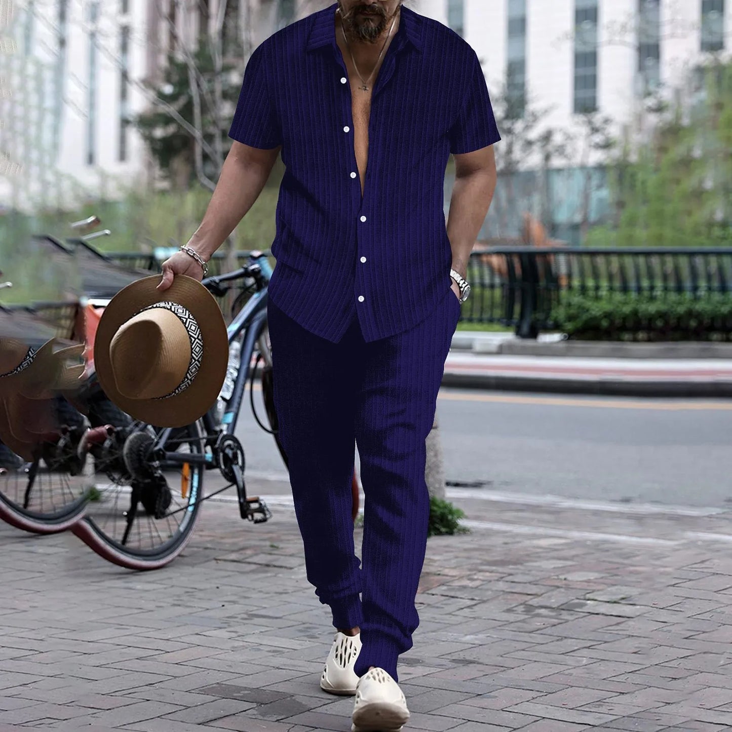 Mens Shirt Casual Short Sleeve Cardigan Blouse Top Pants Beach Suit Summer Two Piece Set Fashion Clothing For Man Ropa Hombre