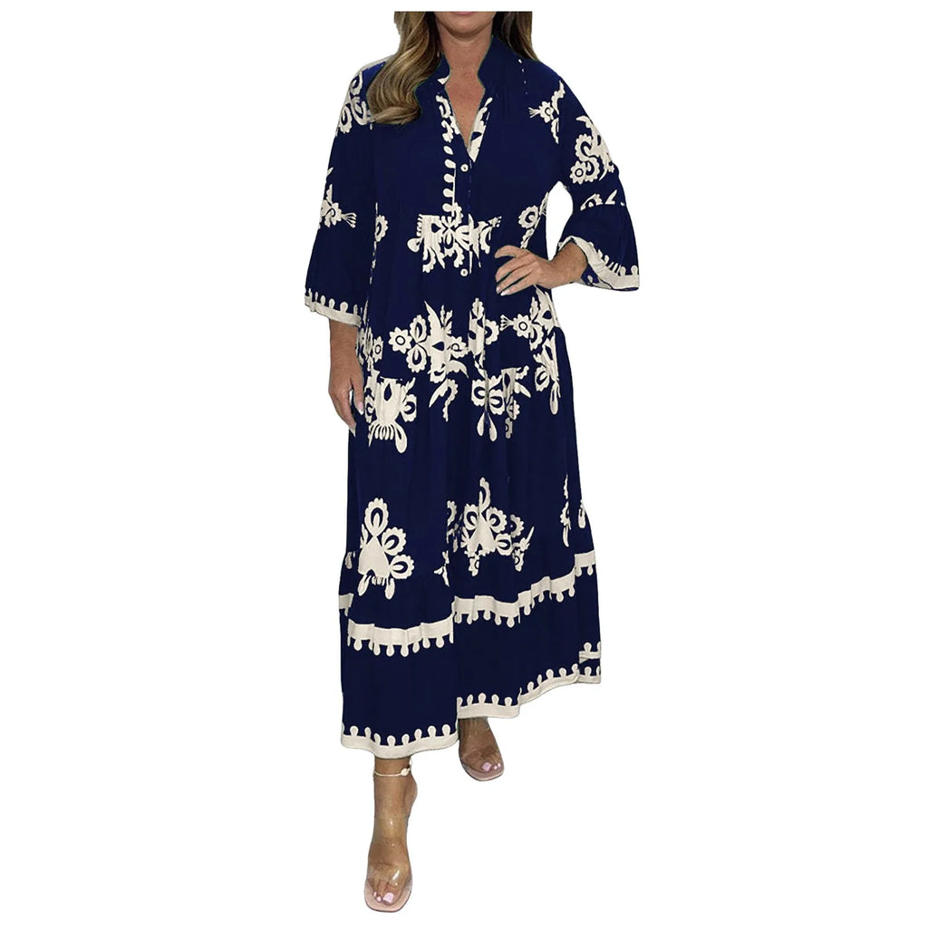 Casual Long Dresses Womens Summer Retro V Neck Print Long Sleeve Dresses Elegant High Quality Party Formal Vestidos Women