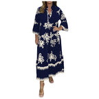 Casual Long Dresses Womens Summer Retro V Neck Print Long Sleeve Dresses Elegant High Quality Party Formal Vestidos Women