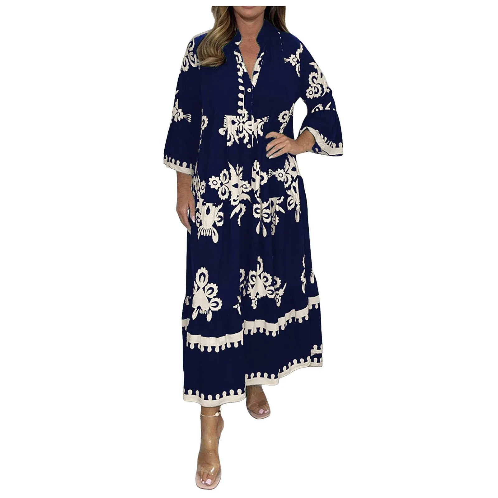 Casual Long Dresses Womens Summer Retro V Neck Print Long Sleeve Dresses Elegant High Quality Party Formal Vestidos Women