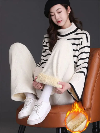 Warm Winter Straight Pants Women's Snow Plush Fleecing Thermal Strench Lady OL Slim Trousers Femail Thick Clothing Leggings