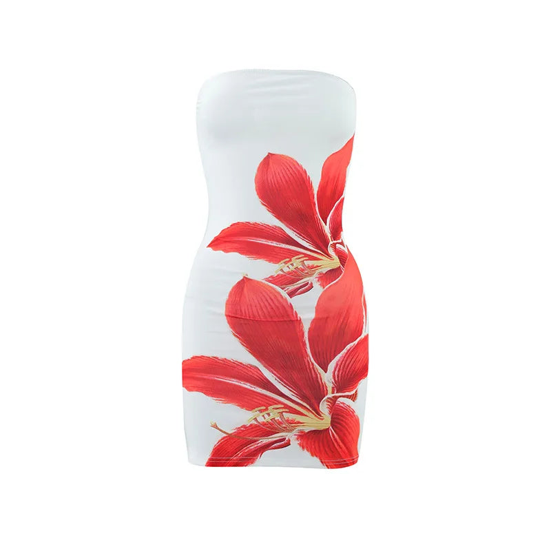 Sexy strapless floral print backless slim fit dress for women in summer 2025 comfortable and elegant beach vacation short skirt