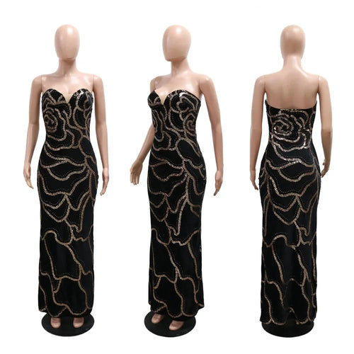 2024 Fall Floral Sequined Strapless Women Sleeveless Long Dress Sexy Birthday Party Evening Prom Maxi Dresses Vestidos