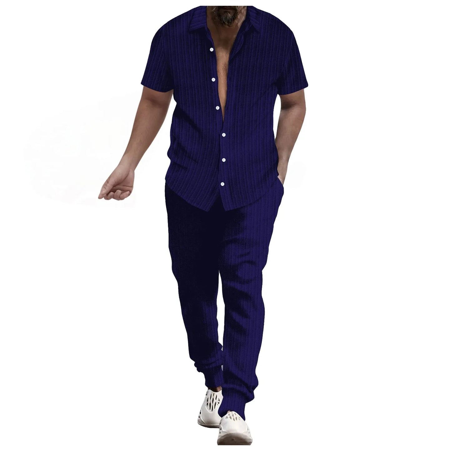 Mens Shirt Casual Short Sleeve Cardigan Blouse Top Pants Beach Suit Summer Two Piece Set Fashion Clothing For Man Ropa Hombre