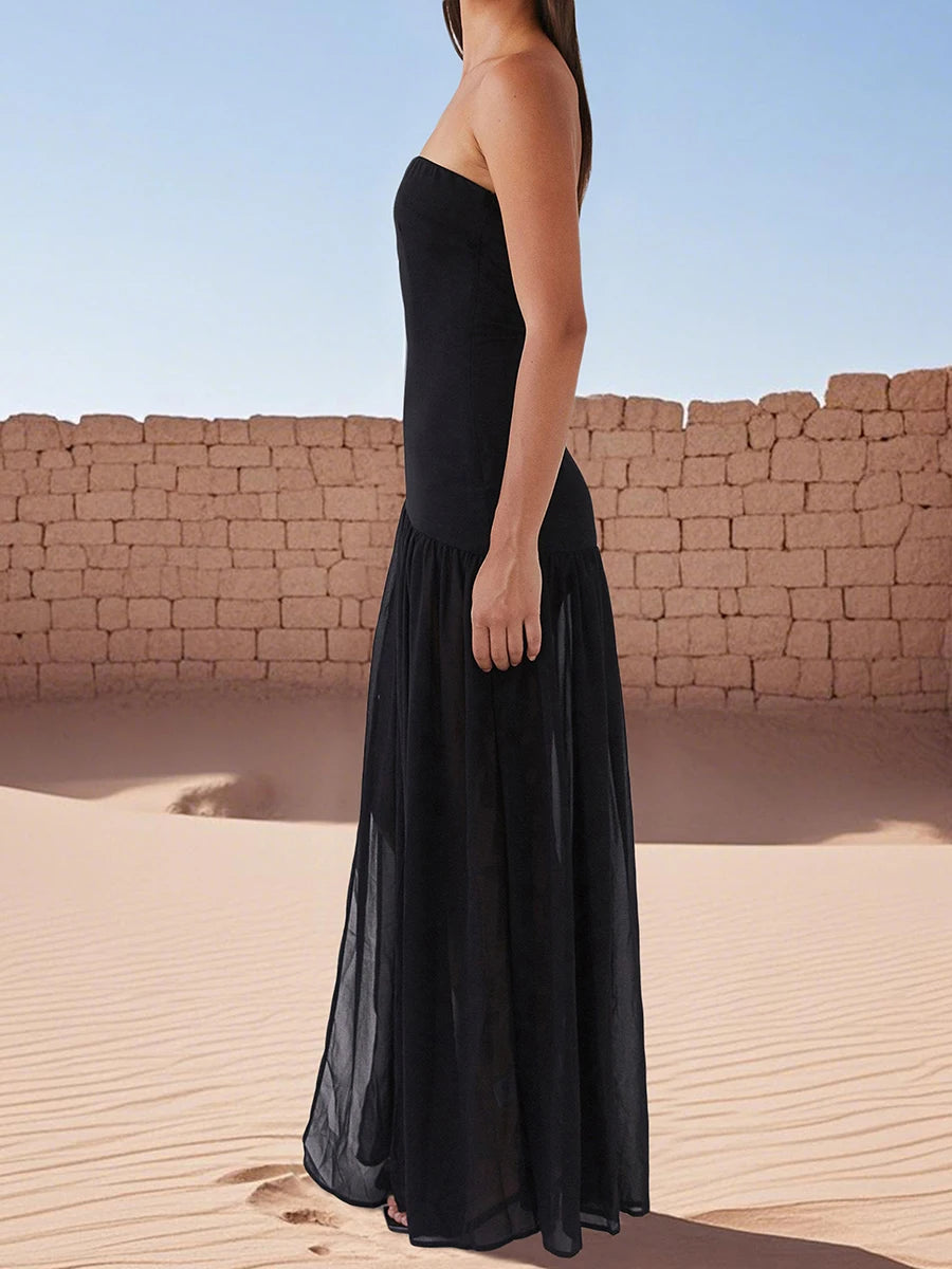 Elegant Off-Shoulder Maxi Dress with Side Slit Women s Solid Color Tube Dress for Summer Cocktail Party
