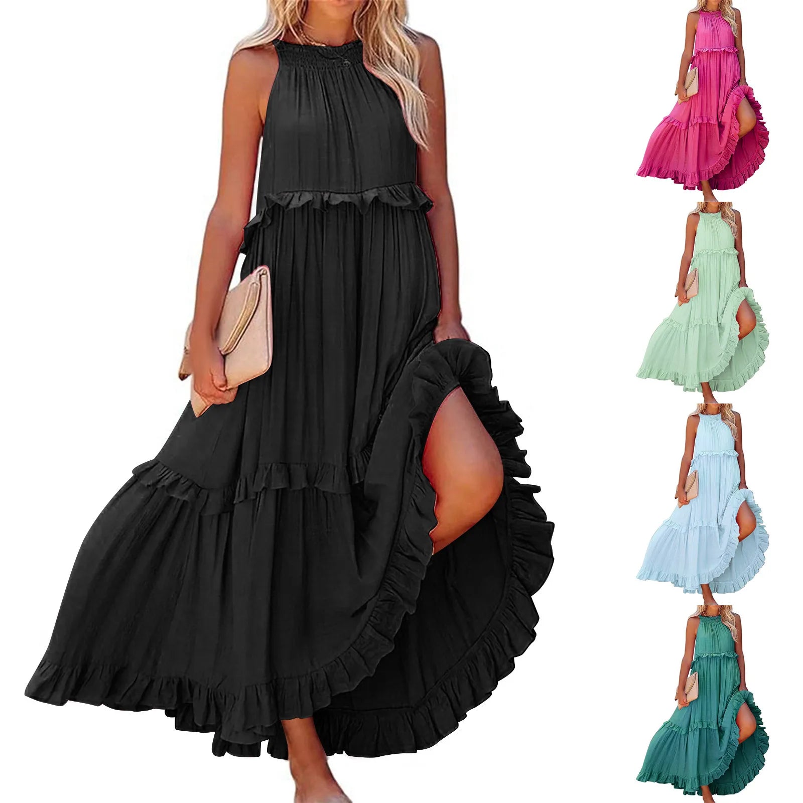 Women Casual Ruffles Long Dress Summer Elegant Sleeveless Sundress Elegant Harajuku Maxi Dress Beach Party Evening Vestidos